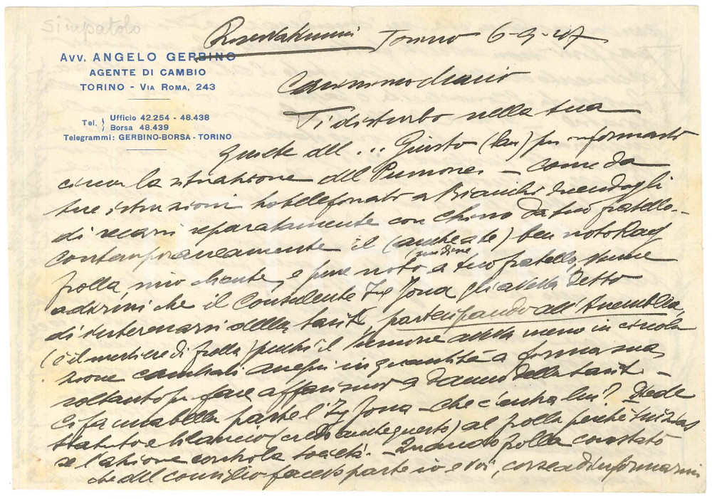 Manoscritto, lettera originale 1947 TORINO Avv. Angelo GERBINO agente di cambio  Lettera commerciale 1