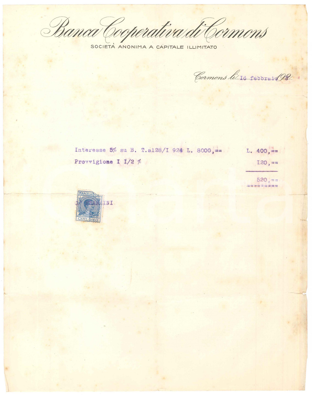 Documento originale, autentico 1923 CORMONS GO Banca Cooperativa di CORMONS  Documento commerciale 1