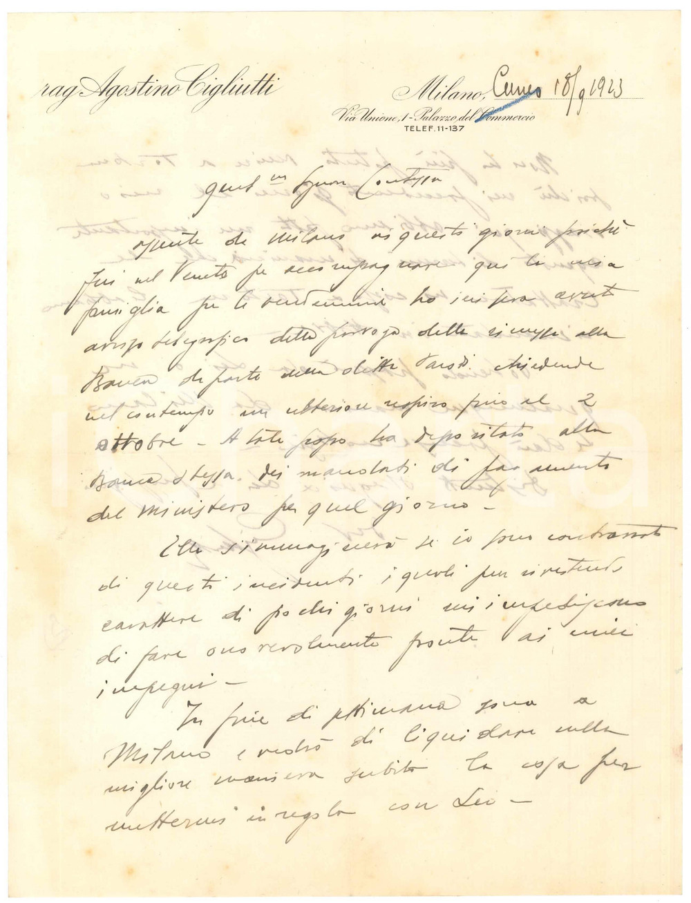 Manoscritto, lettera originale 1923 MILANO Rag. Agostino CIGLIUTTI  Lettera per pagamenti 1