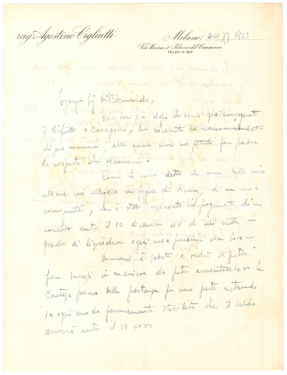 Manoscritto, lettera originale 1923 MILANO Rag. Agostino CIGLIUTTI  Lettera per liquidazione crediti 1
