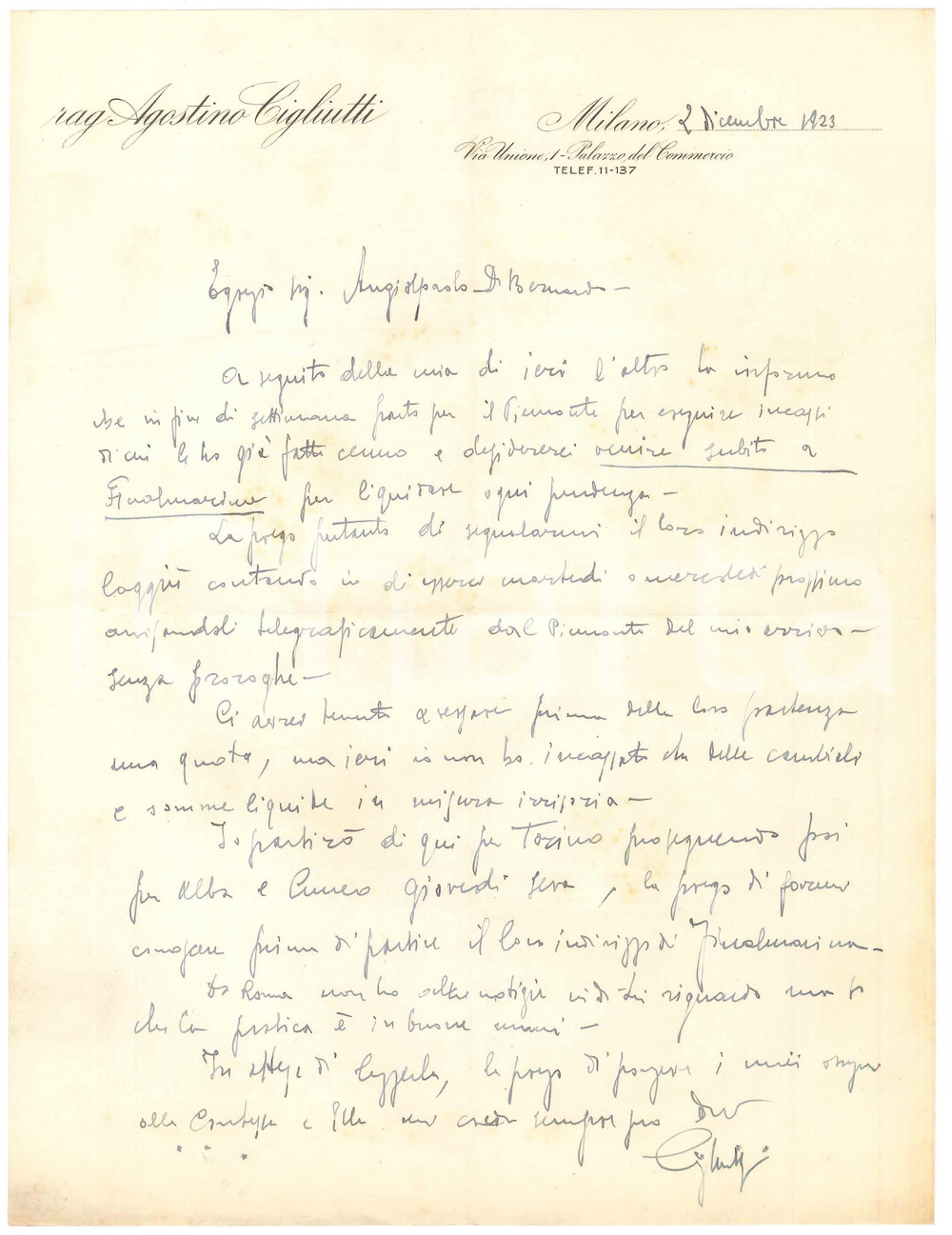Manoscritto, lettera originale 1923 MILANO Rag. Agostino CIGLIUTTI  Lettera per liquidazione pendenze 1