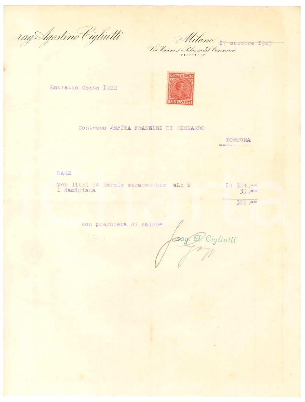 Documento originale, autentico 1925 MILANO Rag. Agostino CIGLIUTTI  Estratto conto per Barolo stravecchio 1