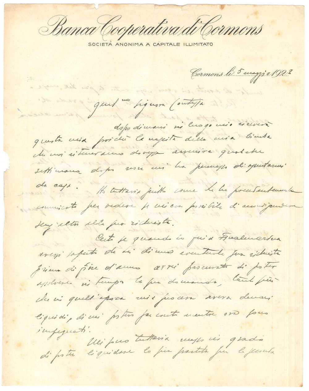 Manoscritto, lettera originale 1923 CORMONS GO Banca Cooperativa di CORMONS  Lettera Agostino CIGLIUTTI 2 1