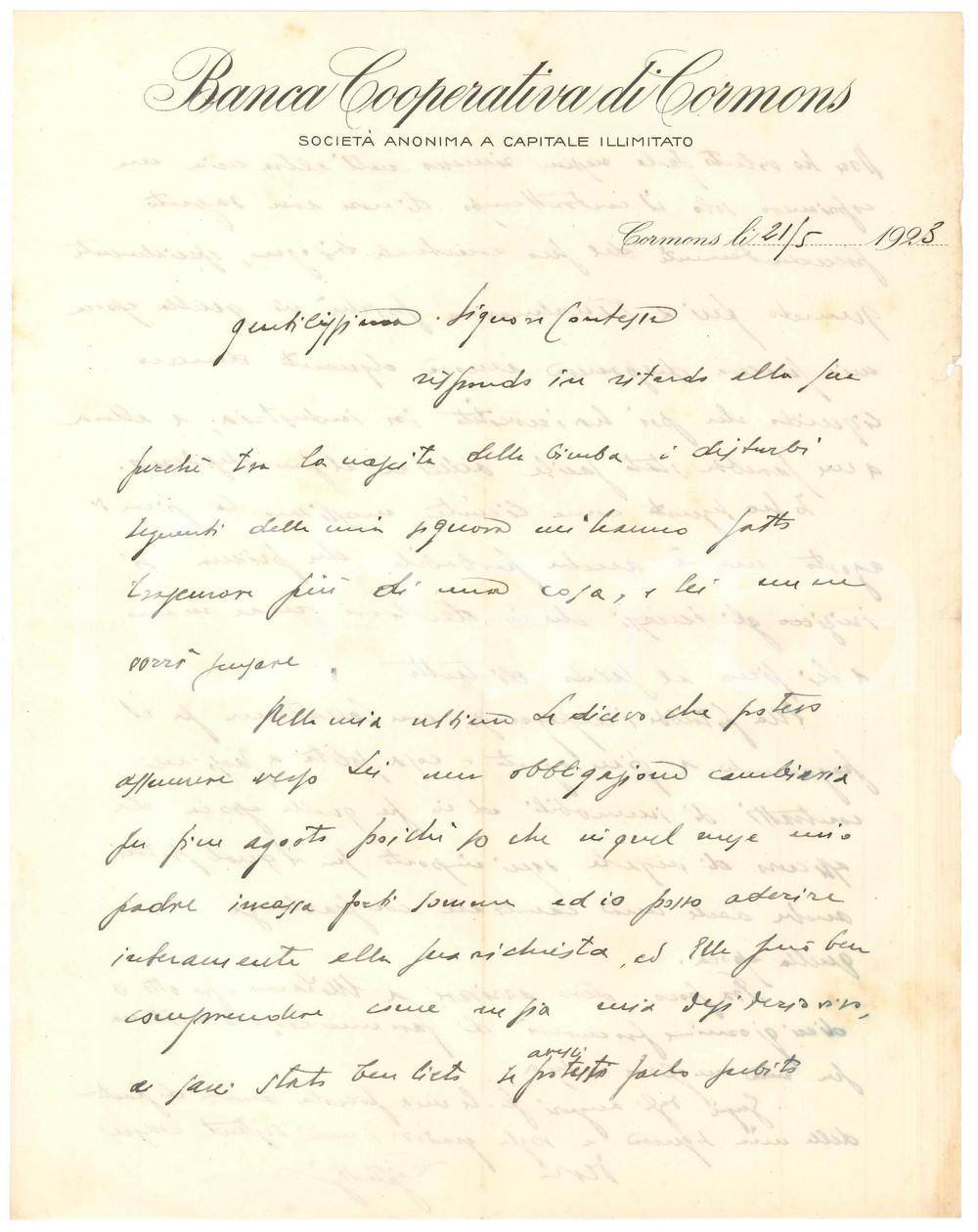 Manoscritto, lettera originale 1923 CORMONS GO Banca Cooperativa di CORMONS  Lettera Agostino CIGLIUTTI 3 1