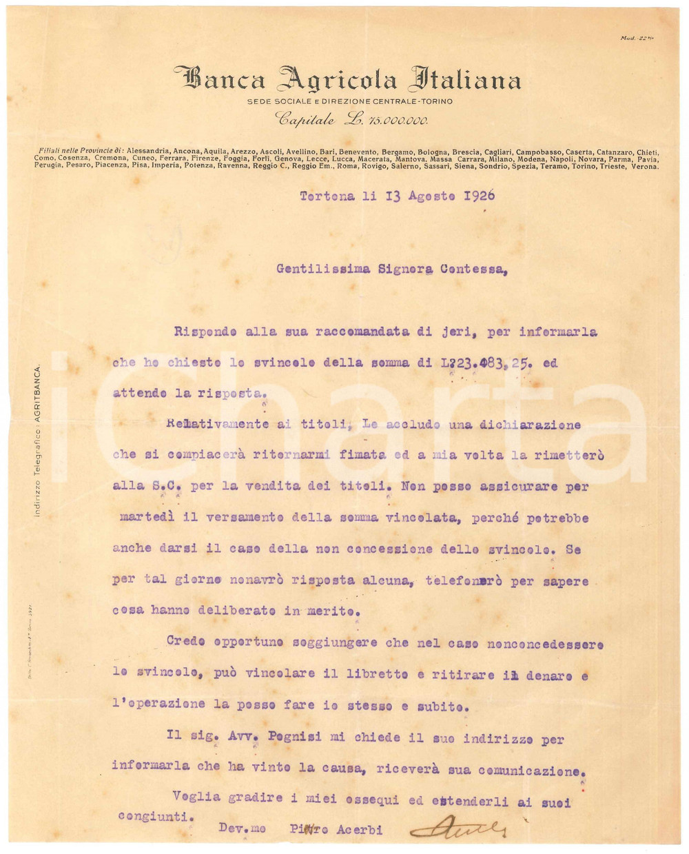 Documento originale, autentico 1926 TORTONA Banca Agricola Italiana  Lettera commerciale 1 1