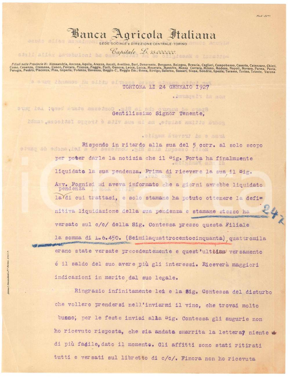 Documento originale, autentico 1927 TORTONA Banca Agricola Italiana  Lettera su affari di nobildonna 1