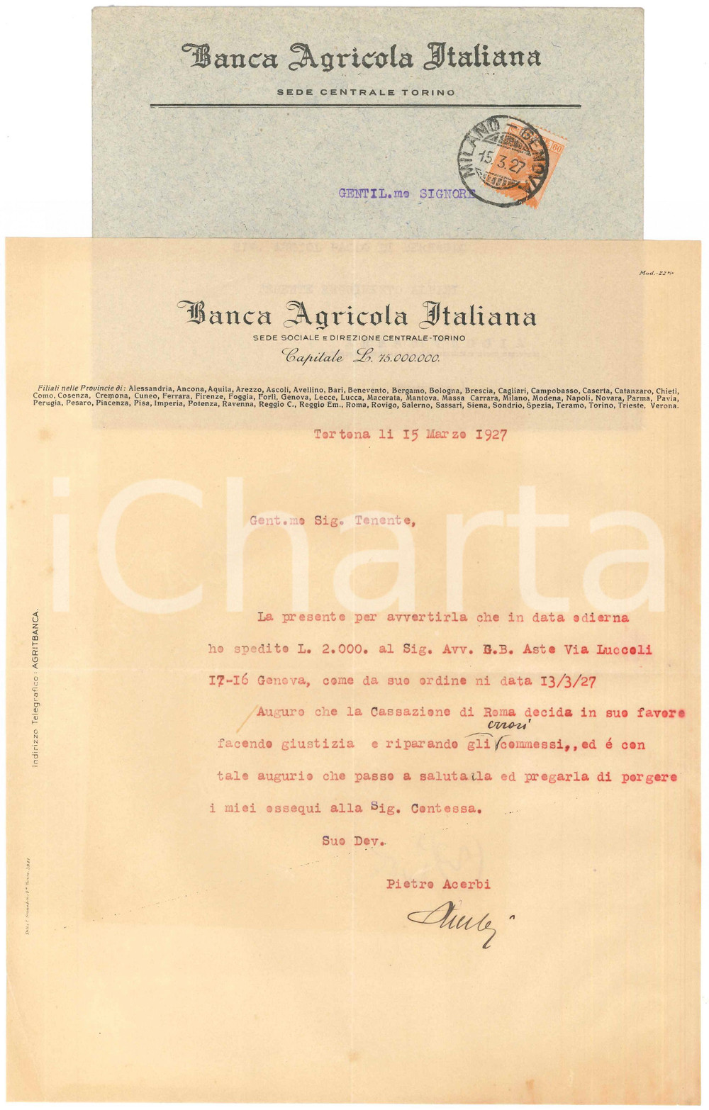 Documento originale, autentico 1927 TORTONA Banca Agricola Italiana  Lettera commerciale 2 1