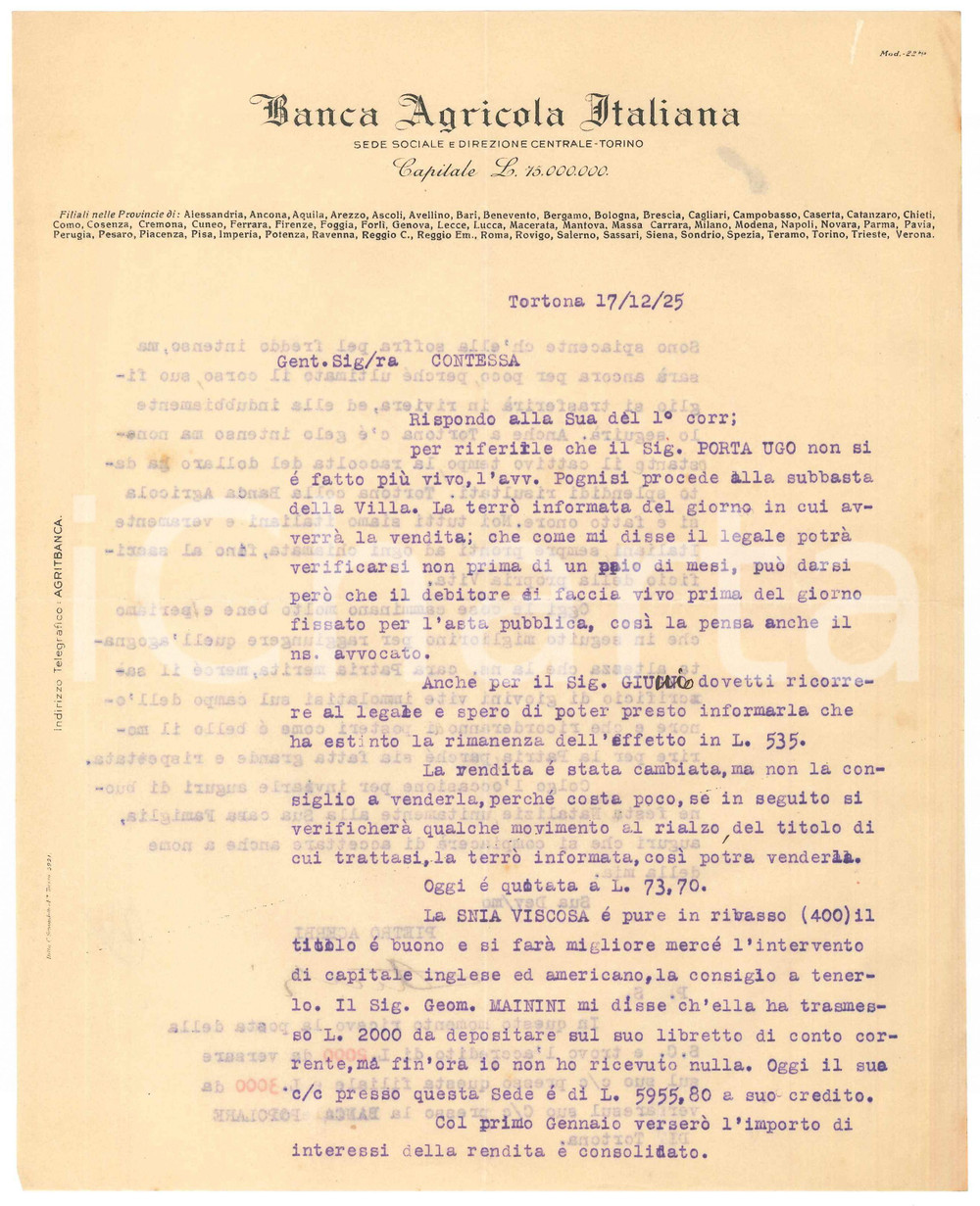 Documento originale, autentico 1925 TORTONA Banca Agricola Italiana  Lettera per subasta di una villa 1