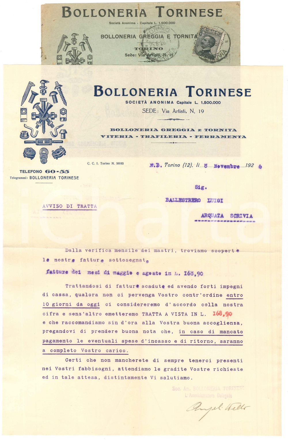 Documento originale, autentico 1926 TORINO Via Artisti 19  BOLLONERIA TORINESE  Bolloneria greggia Lettera 1