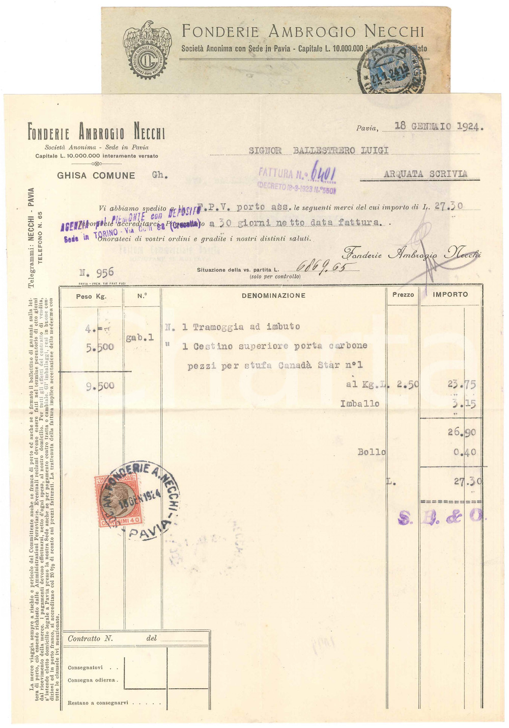 Documento originale, autentico 1924 PAVIA  Fonderie AMBROGIO NECCHI  Ghisa comune  Fattura 1