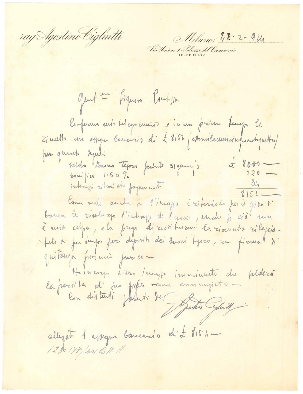 Manoscritto, lettera originale 1924 MILANO Rag. Agostino CIGLIUTTI  Lettera per invio di un pagamento 1