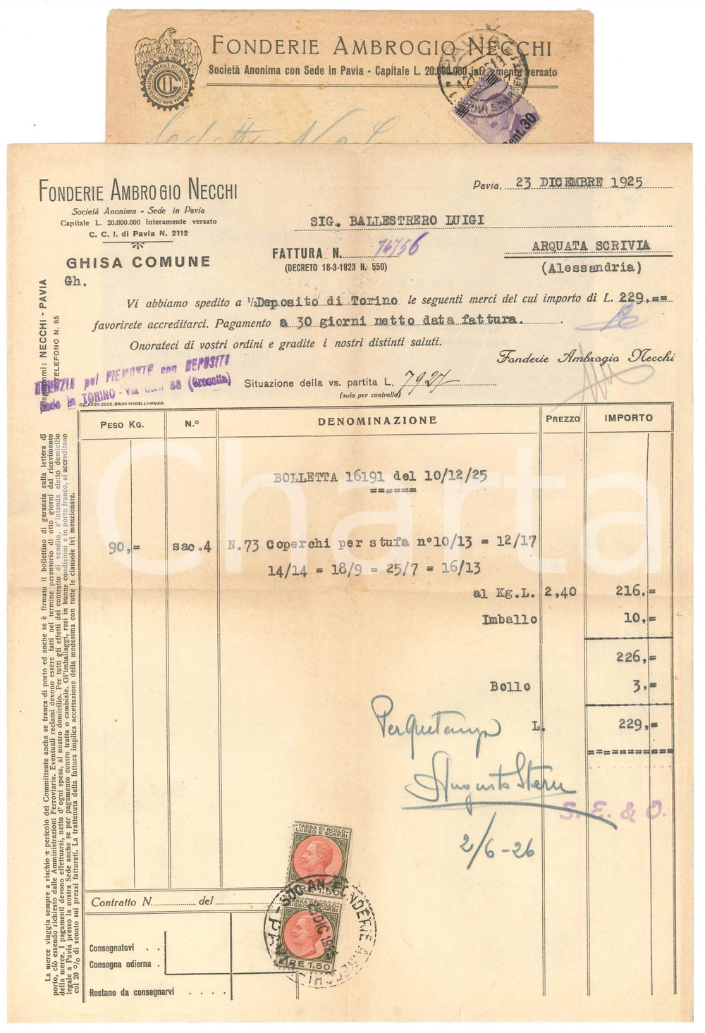 Documento originale, autentico 1925 PAVIA  Fonderie AMBROGIO NECCHI  Ghisa comune  Fattura 1