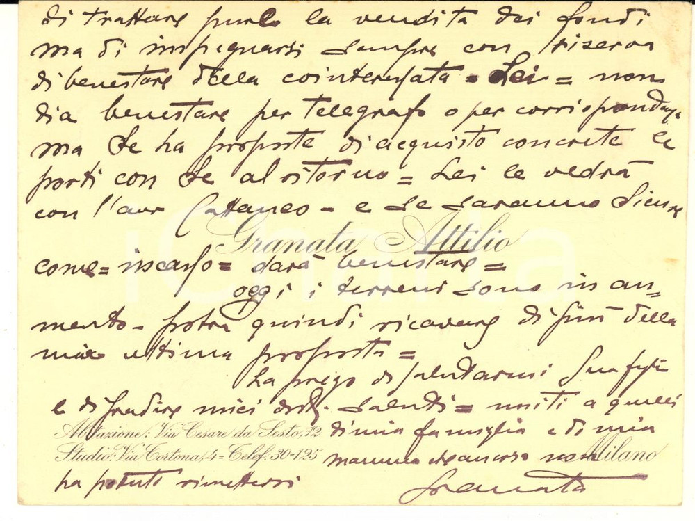 Manoscritto, lettera originale 1925 MILANO Biglietto Attilio GRANATA  Consigli a una contessa per affari 1