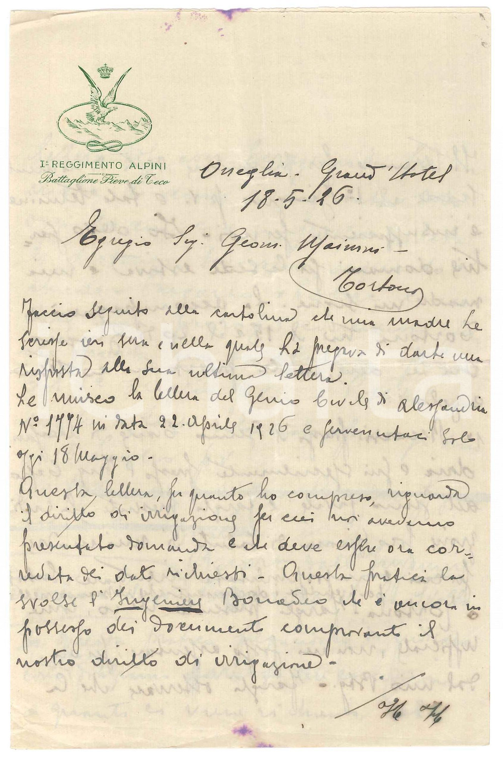 Manoscritto, lettera originale 1926 ONEGLIA Lettera Angiol Paolo DI BERNARDO 3Â° Regg. ALPINI  Autografo 1