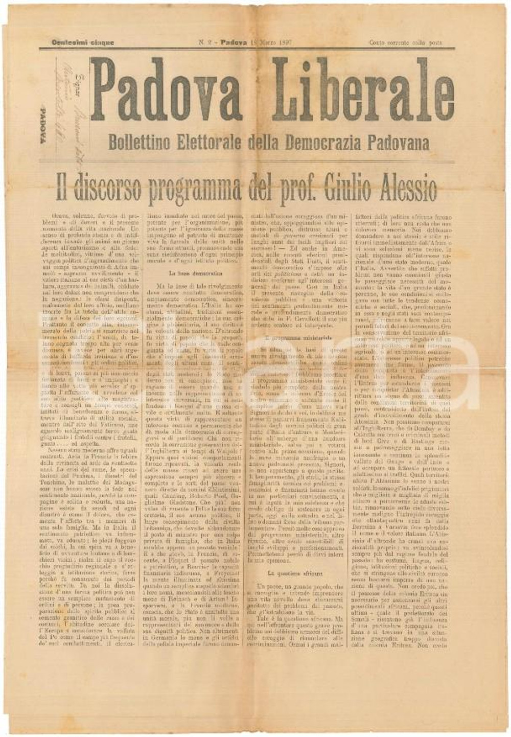 Giornale, rivista storica 1897 PADOVA LIBERALE Discorso Giulio ALESSIO Bollettino Democrazia Padovana 1