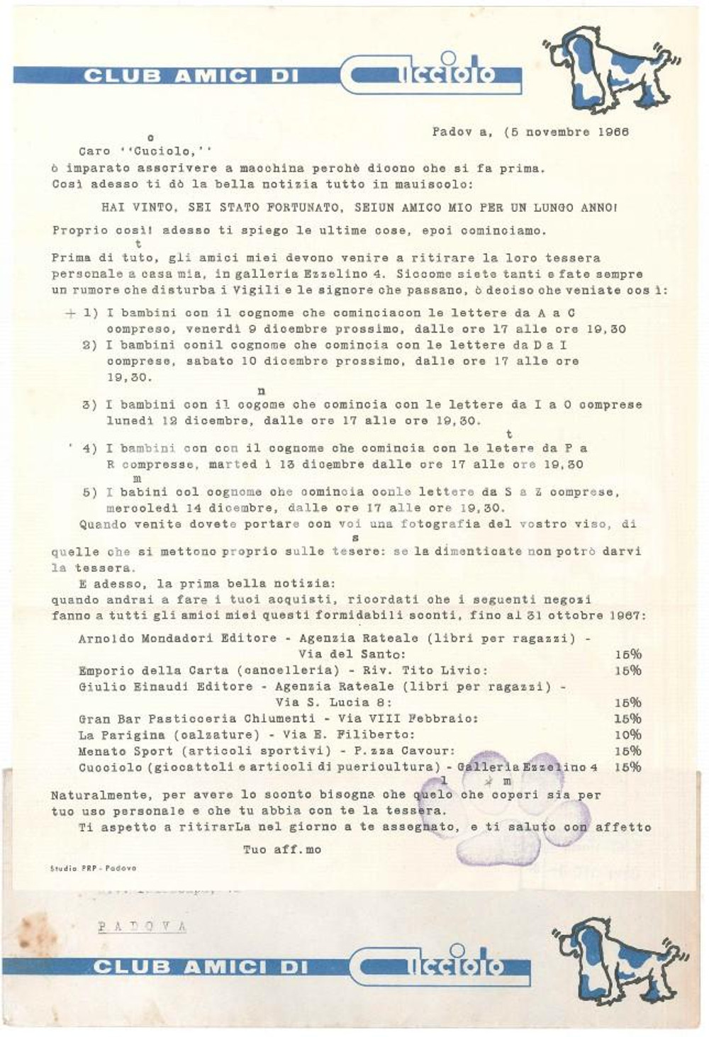 Manoscritto, lettera originale 1966 PADOVA Club Amici di CUCCIOLO  Lettera per nuovo socio 1