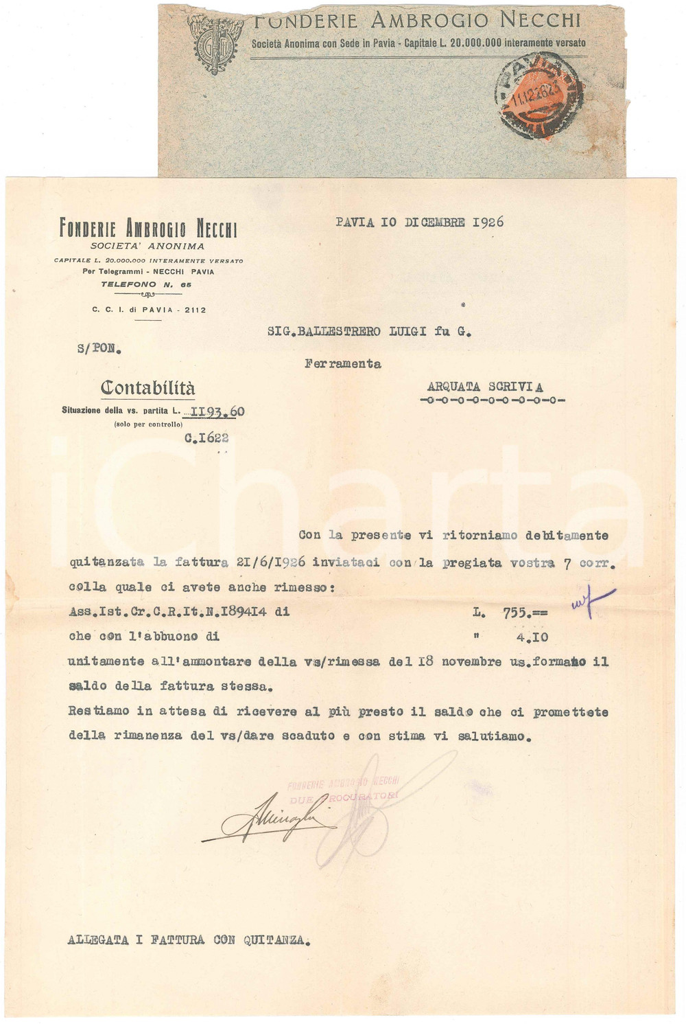 Documento originale, autentico 1926 PAVIA  Fonderie AMBROGIO NECCHI  Lettera per contabilitÃ  1