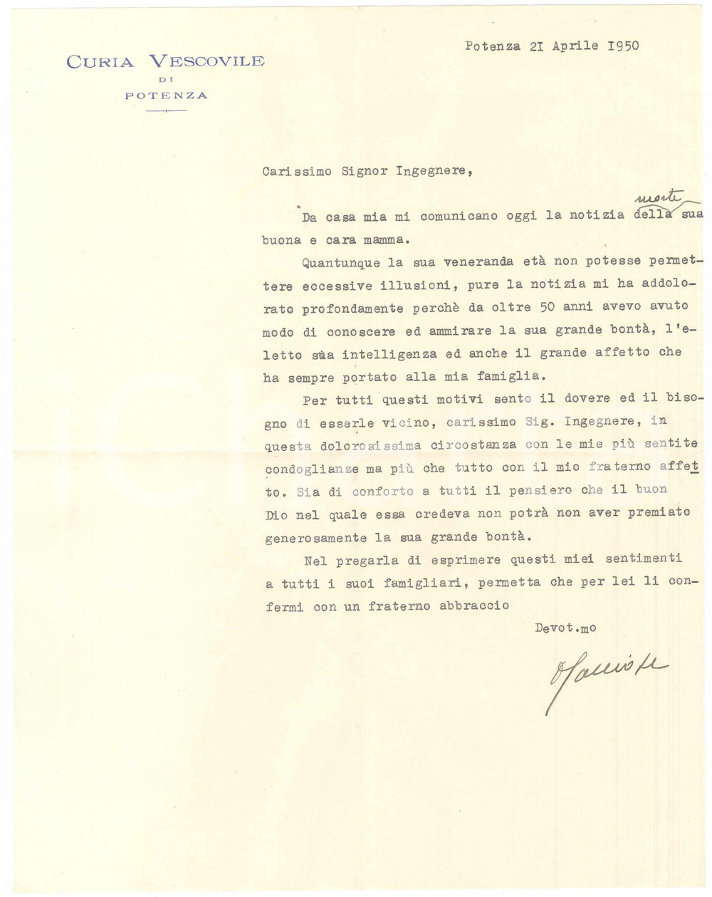 Autografo originale 1950 POTENZA Curia Vescovile  Condoglianze don Calliope ROSSINI Autografo 1