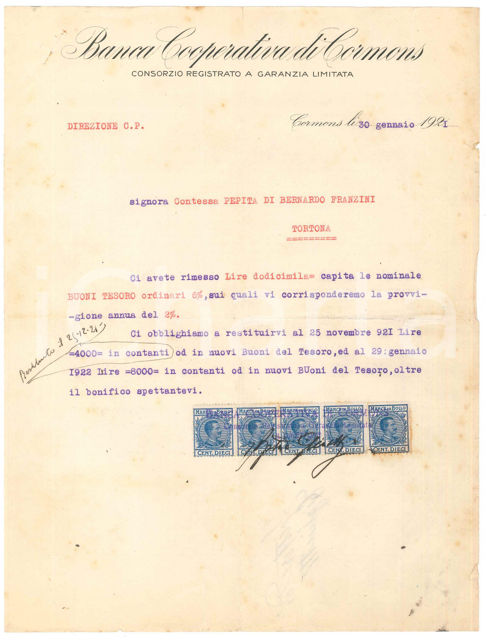 Manoscritto, lettera originale 1921 CORMONS GO Banca Cooperativa di CORMONS  Lettera commerciale 1