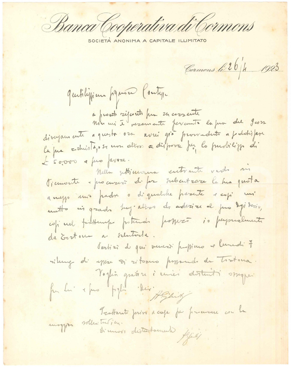 Manoscritto, lettera originale 1923 CORMONS GO Banca Cooperativa di CORMONS  Lettera Agostino CIGLIUTTI 1 1
