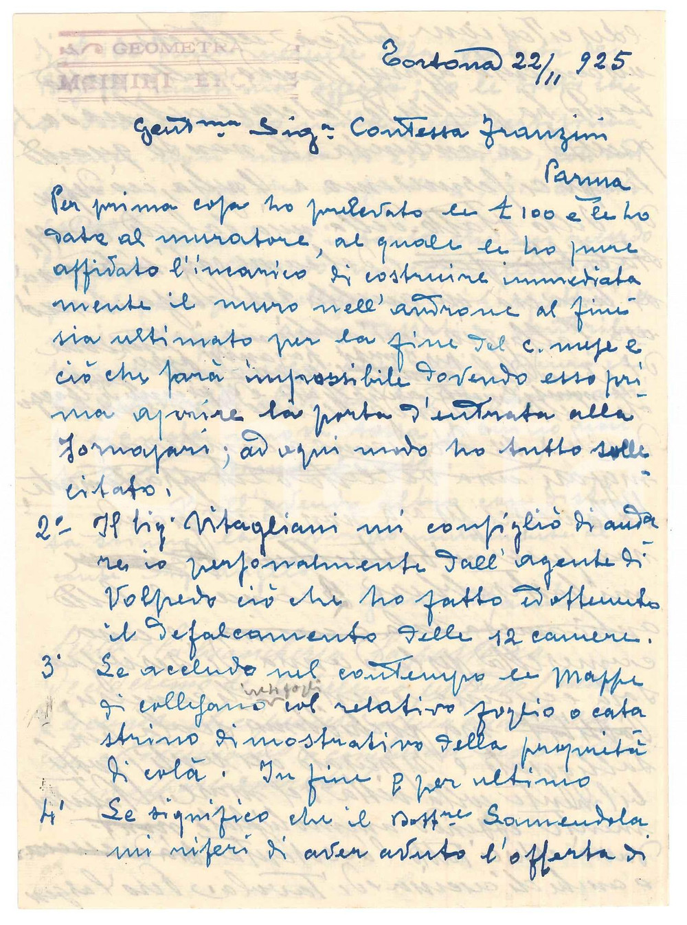 Manoscritto, lettera originale 1925 TORTONA Lettera geom. Ercole MAININI su proprietÃ  di una cliente Autografo 1