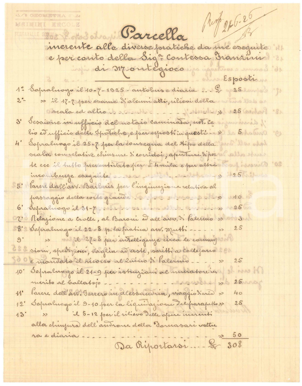 Documento originale, autentico 1926 TORTONA Parcella Ercole MANINI geometra per contessa FRANZINI di MONTEGIOCO 1