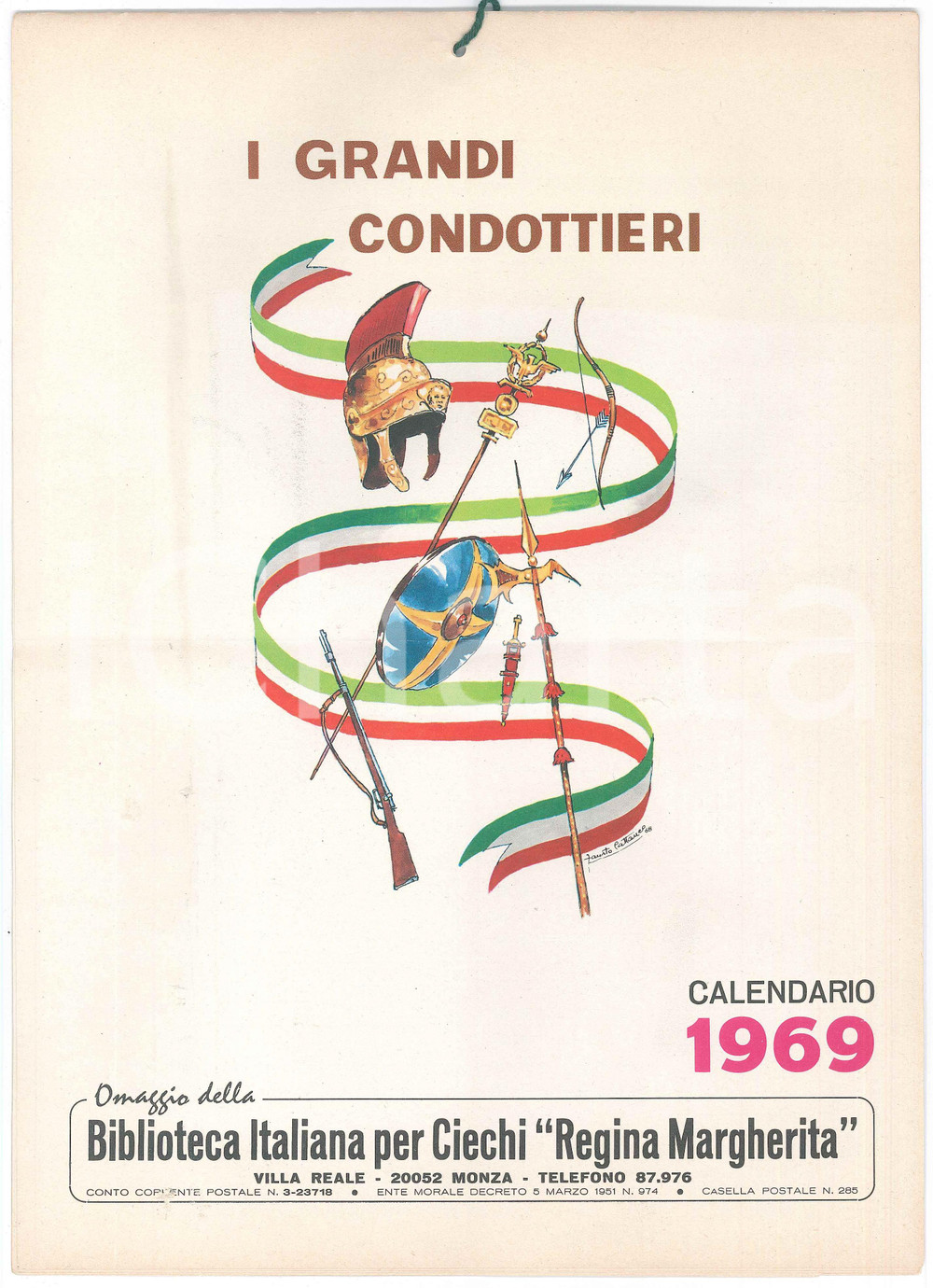 1969 MONZA Biblioteca Ciechi REGINA MARGHERITA - Calendario Grandi Condottieri