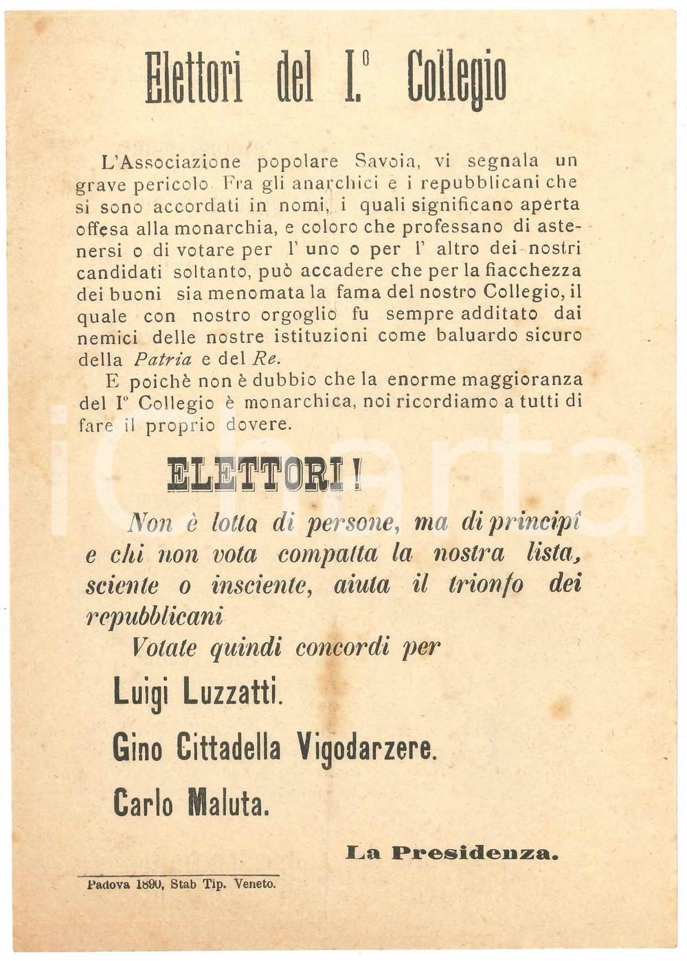 Materiale pubblicitario d’epoca 1890 PADOVA  Associazione Popolare SAVOIA   Baluardo Patria e Re Volantino 1