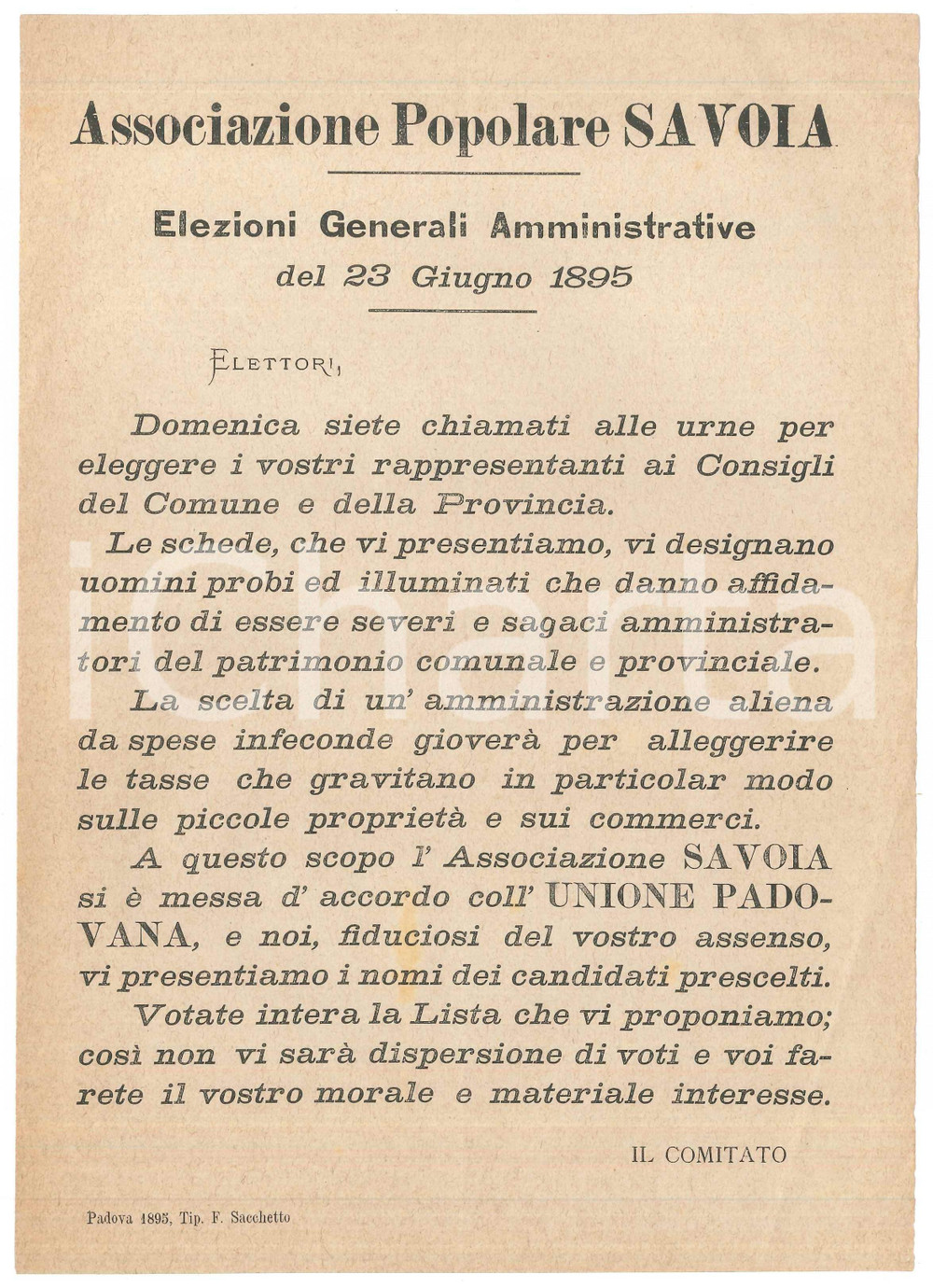 Materiale pubblicitario d’epoca 1895 PADOVA  Associazione Popolare SAVOIA   Volantino elezioni amministrative 1