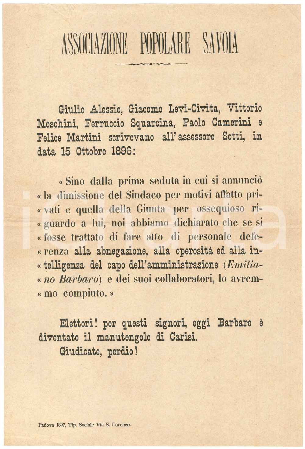 Materiale pubblicitario d’epoca 1897 PADOVA  Associazione Popolare SAVOIA   Dimissioni del sindaco Volantino 1