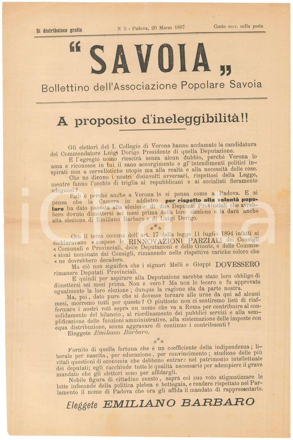 Giornale, rivista storica 1897 PADOVA  SAVOIA  Eleggete Emiliano BARBARO Bollettino nÂ° 3 1