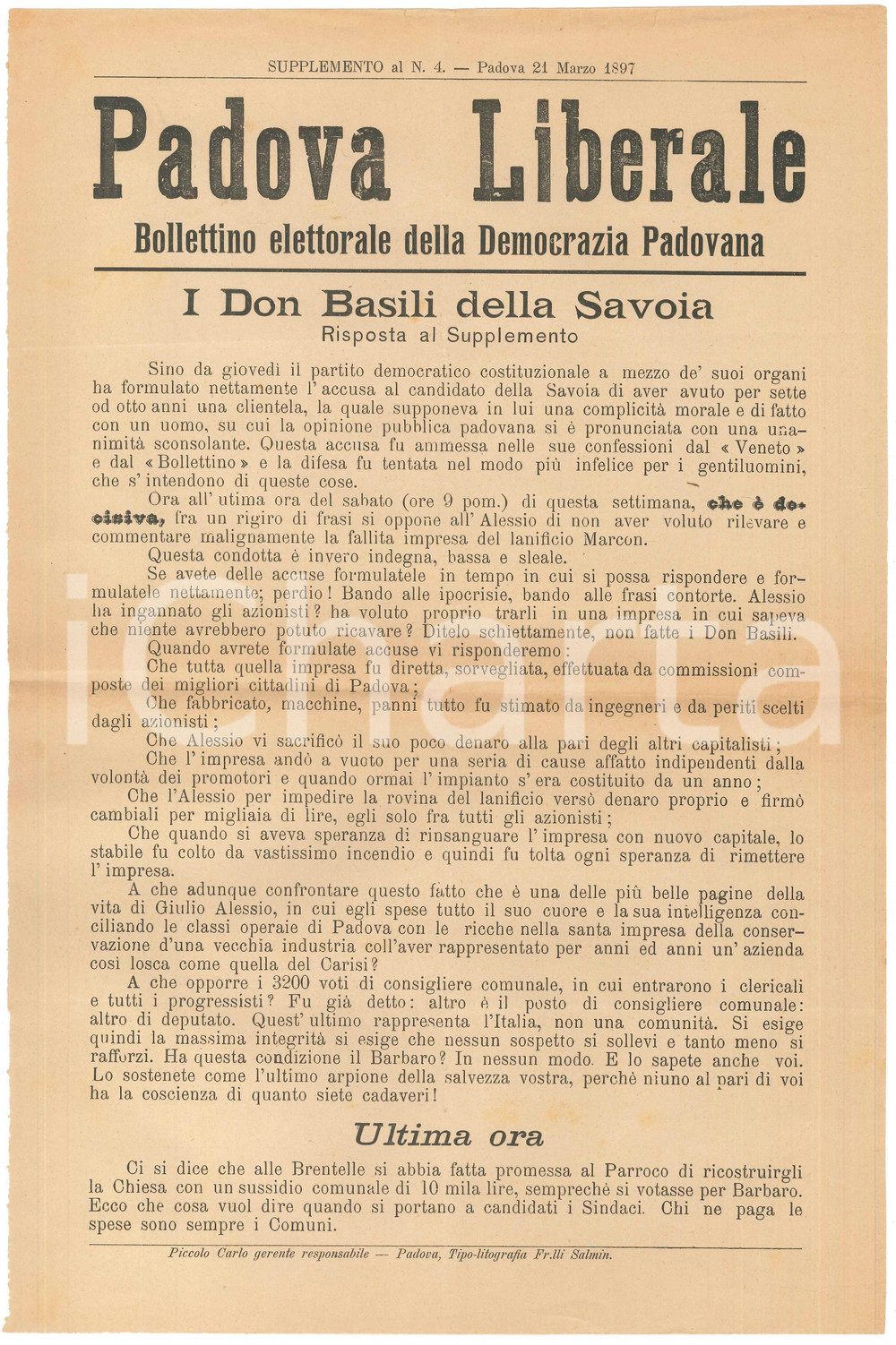 Giornale, rivista storica 1897 PADOVA LIBERALE I don Basili della Savoia Bollettino Democrazia Padovana 1