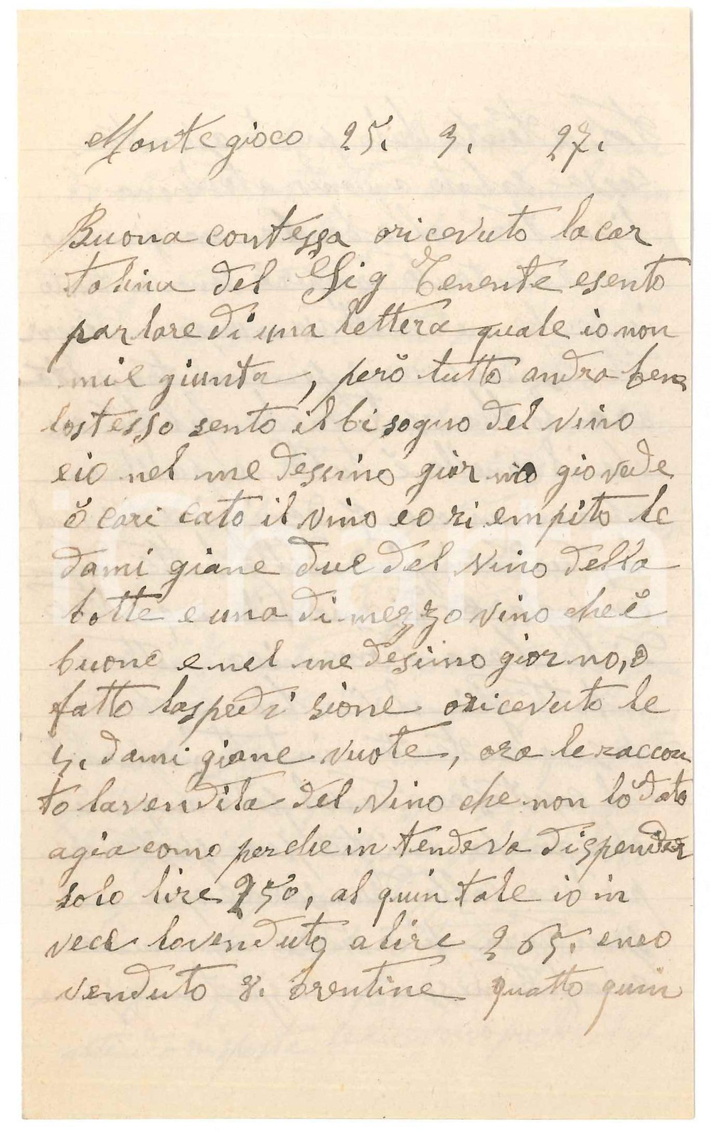 Manoscritto, lettera originale 1927 MONTEGIOCO AL Lettera agente a contessa per vendita di vino Barbera 1
