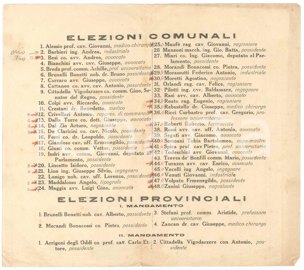 Materiale pubblicitario d’epoca 1900 ca PADOVA  Elezioni comunali e provinciali  Volantino candidati 1