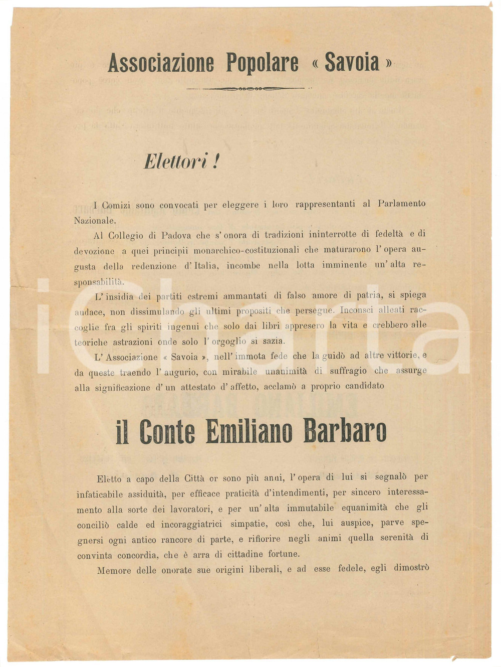 Materiale pubblicitario d’epoca 1897 PADOVA  Associazione Popolare SAVOIA  Volantino conte Emiliano BARBARO 1