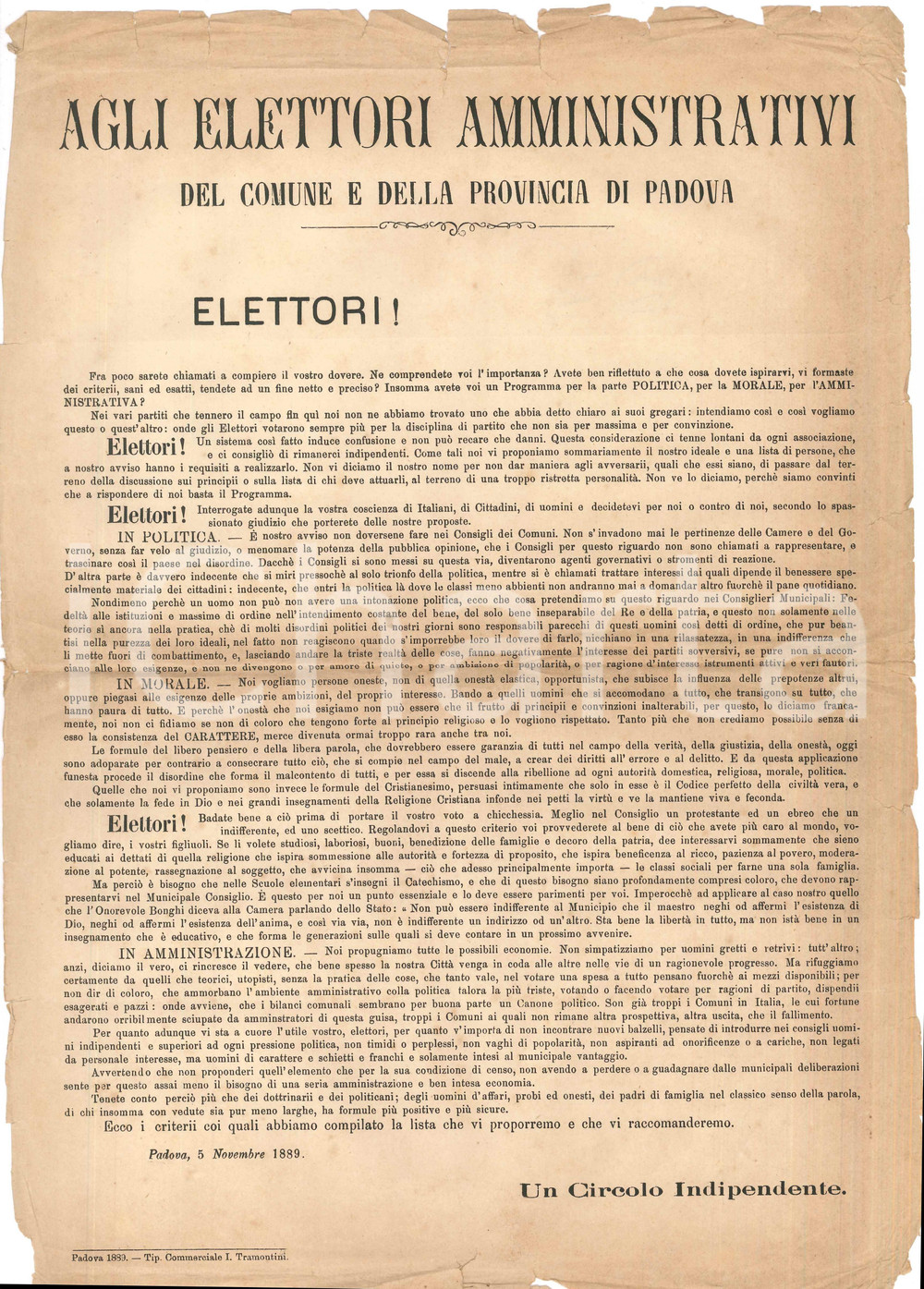 Materiale pubblicitario d’epoca 1889 PADOVA  Elezioni comunali e provinciali  Circolo indipendente Manifesto 1