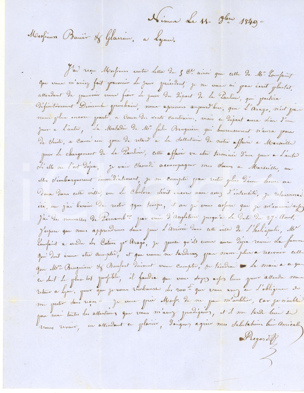 Manoscritto, lettera originale 1849 NIMES F Lettre A. REGARD  Affaires à Marseille dans le choléra 1