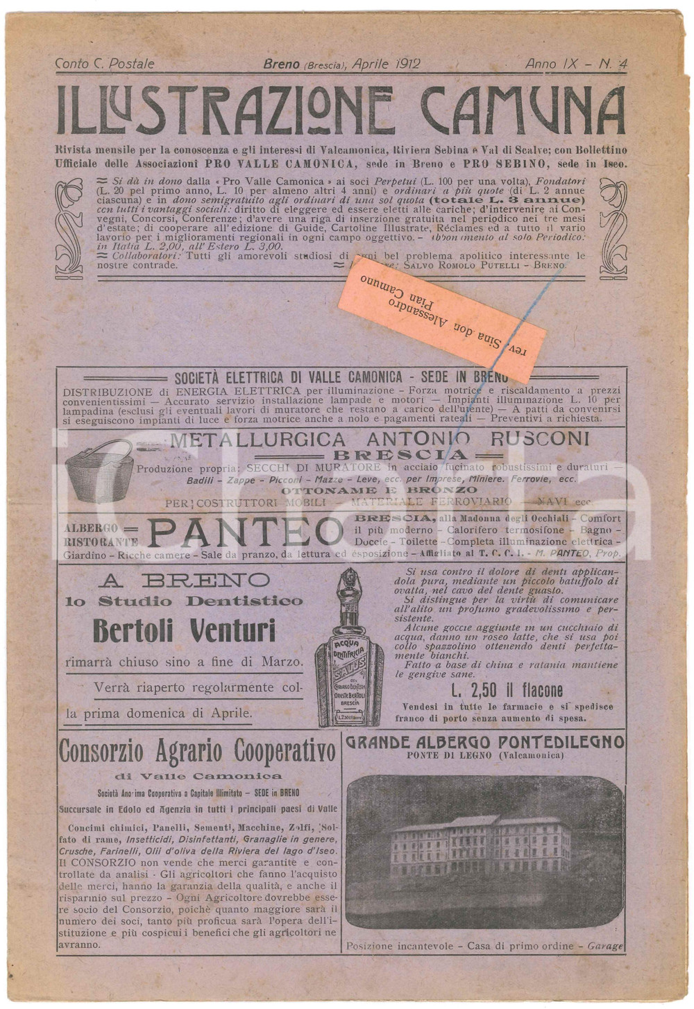 Giornale, rivista storica 1912 BRENO ILLUSTRAZIONE CAMUNA Lungoglio in Valcamonica Giornale 1