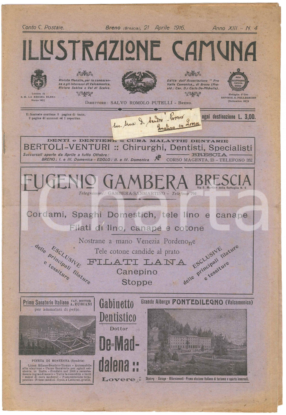 Giornale, rivista storica 1916 BRENO ILLUSTRAZIONE CAMUNA Dante in Val Camonica  Giornale nÂ° 4 1
