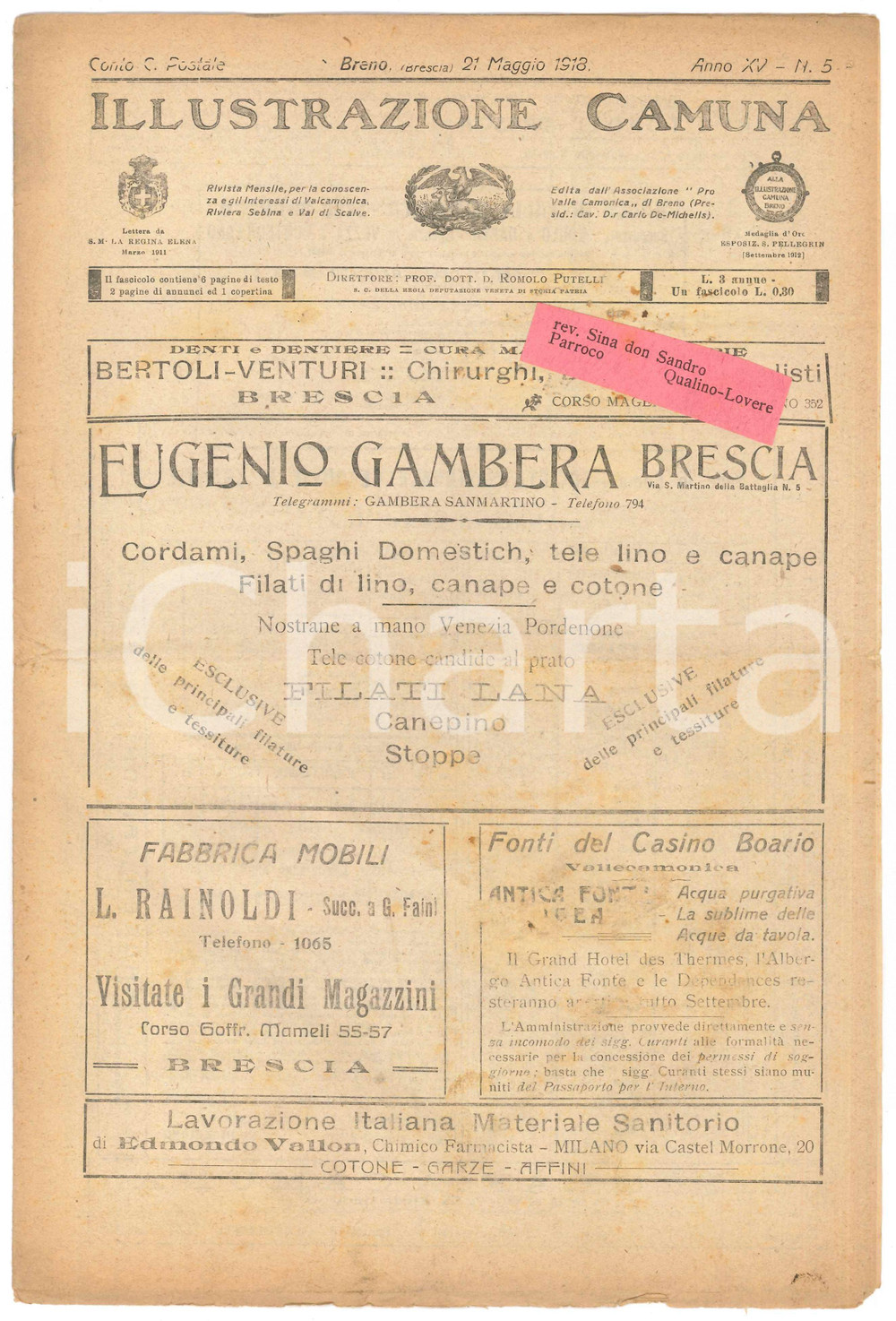 Giornale, rivista storica 1918 BRENO ILLUSTRAZIONE CAMUNA Artista Beniamino SIMONI da Saviore Giornale 1