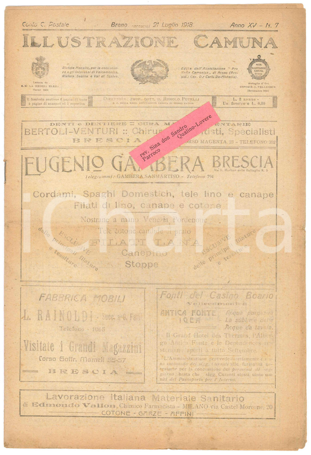 Giornale, rivista storica 1918 BRENO ILLUSTRAZIONE CAMUNA  Cedegolo  Cevo  Saviore Giornale 1