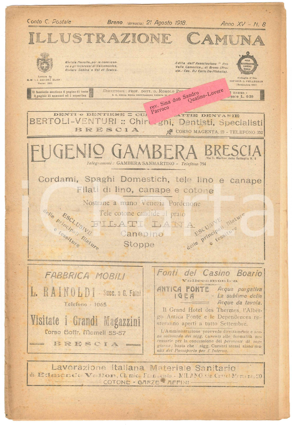 Giornale, rivista storica 1918 BRENO ILLUSTRAZIONE CAMUNA  Una capatina a PRESTINE Giornale nÂ° 8 1