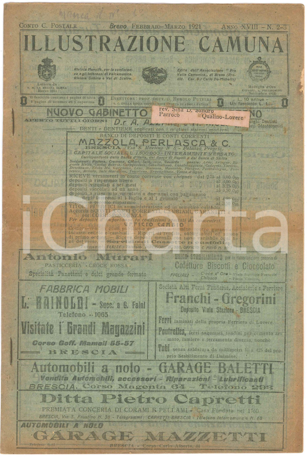 Giornale, rivista storica 1921 BRENO ILLUSTRAZIONE CAMUNA Strade militari di Valle Camonica  Giornale 1