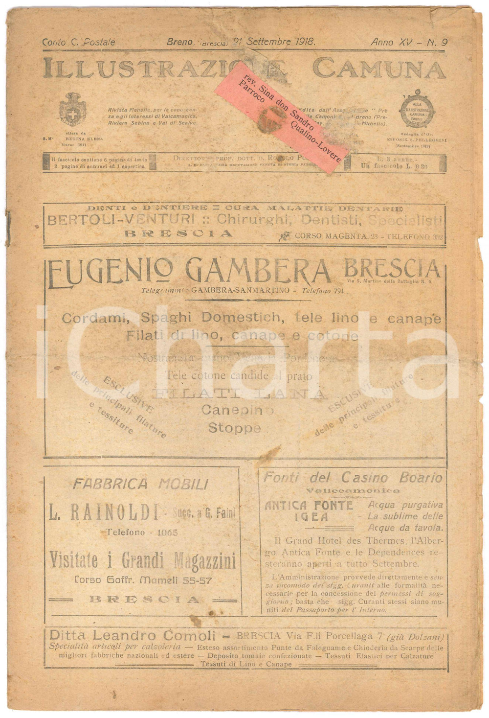 Giornale, rivista storica 1918 BRENO ILLUSTRAZIONE CAMUNA  Storiografia bresciana Giornale nÂ° 9 1