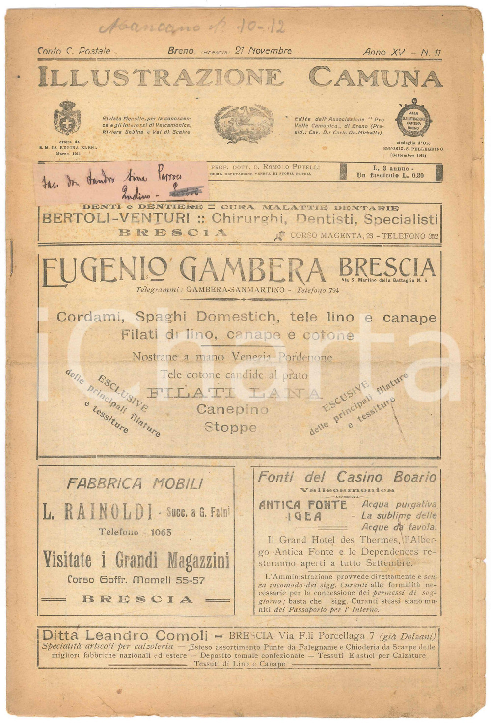 Giornale, rivista storica 1918 BRENO ILLUSTRAZIONE CAMUNA  L azione della PRO VALLE CAMONICA Giornale 1