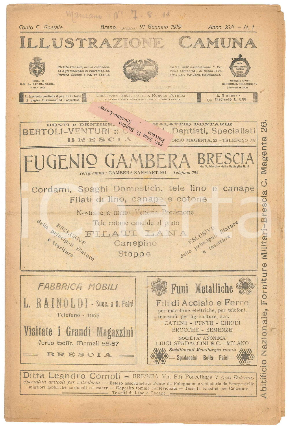 Giornale, rivista storica 1919 BRENO ILLUSTRAZIONE CAMUNA  Collegamento valichi alpini al nuovo confine 1