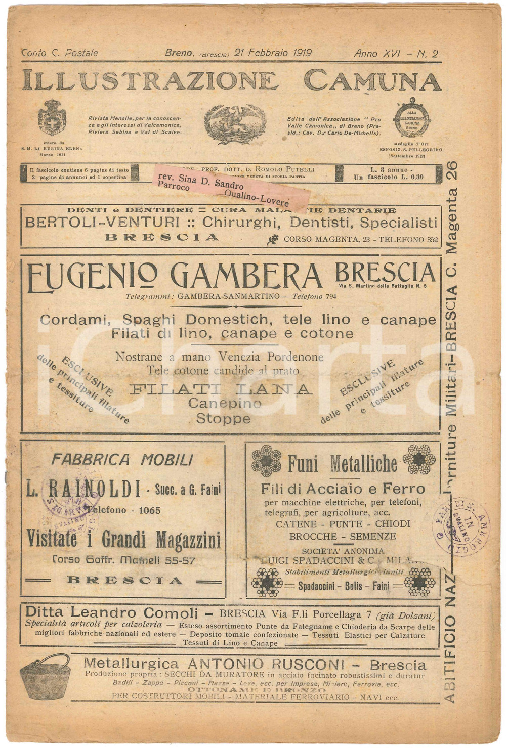 Giornale, rivista storica 1919 BRENO ILLUSTRAZIONE CAMUNA  Servizio ferroviario di Valcamonica e Riviera 1