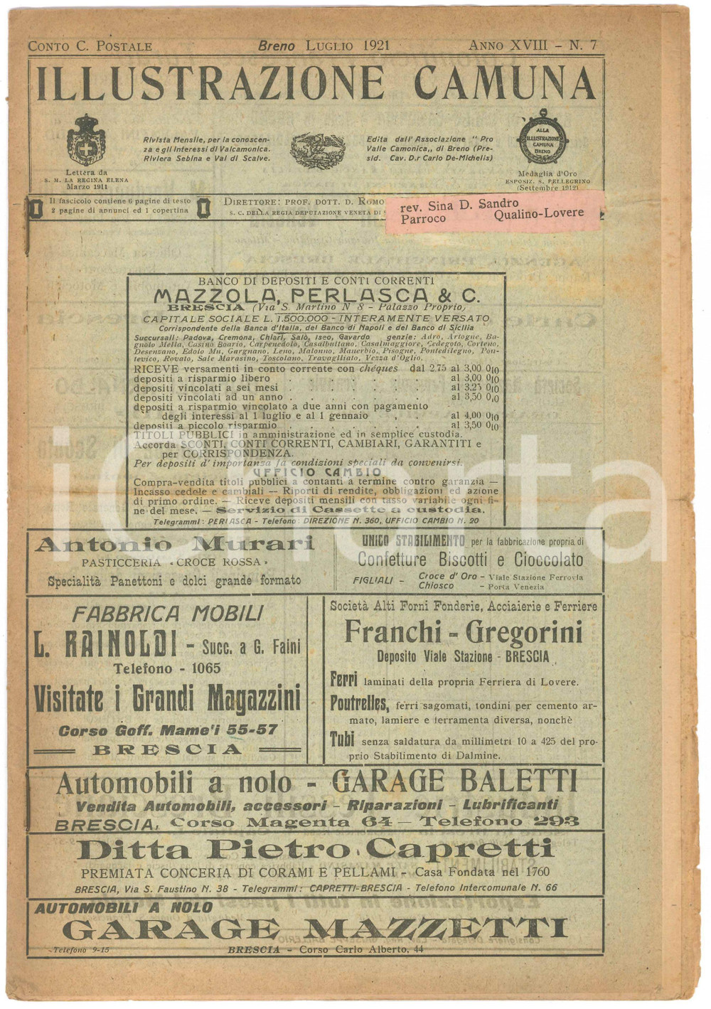 Giornale, rivista storica 1921 BRENO ILLUSTRAZIONE CAMUNA Bernardo ZENDRINI pel centenario dantesco 1