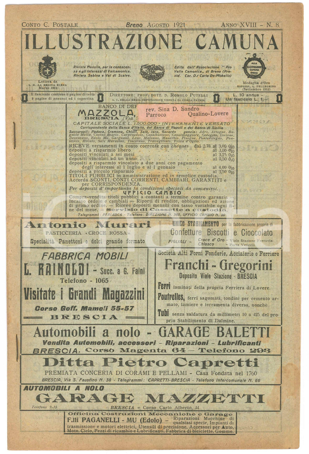 Giornale, rivista storica 1921 BRENO ILLUSTRAZIONE CAMUNA Antichi pedaggi in Val Camonica Giornale 1
