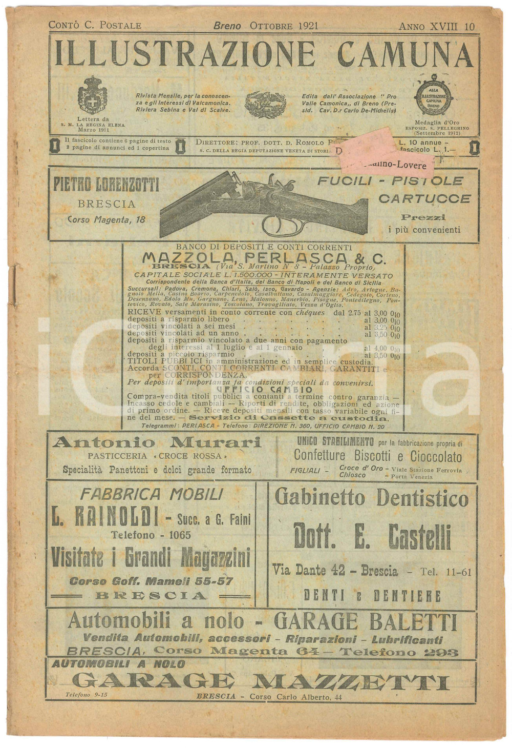 Giornale, rivista storica 1921 BRENO ILLUSTRAZIONE CAMUNA Dante Alighieri in Valle Camonica? Giornale 1